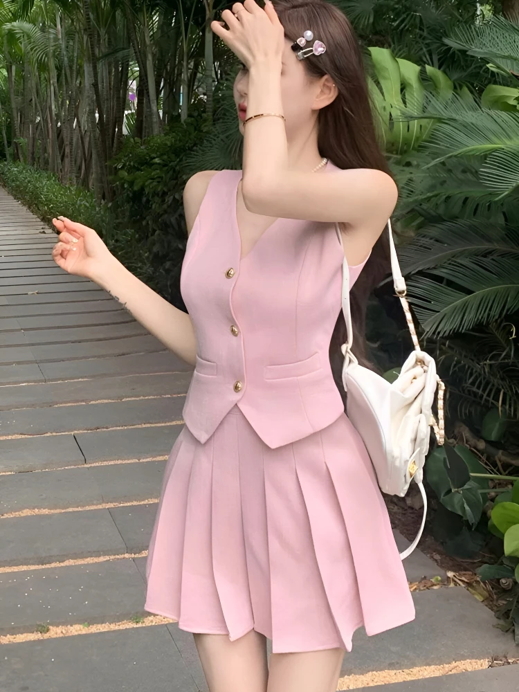 Summer Sweet Commuter Pink Suit Women\'s 2024 New Single-Breasted Vest Top+High Waist Pleated Skirt Slim-Fit Two-Piece Set