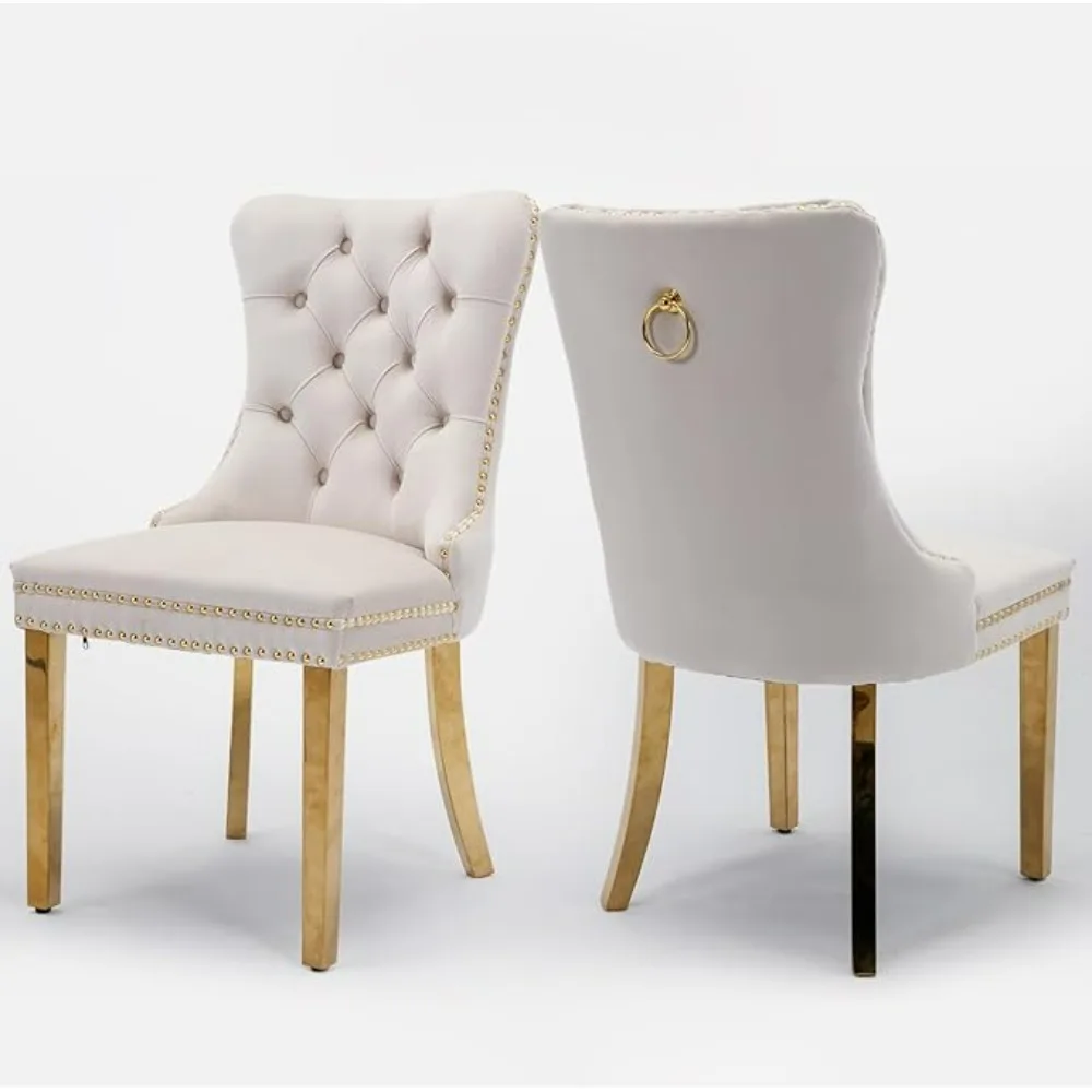 Velvet Upholstered Dining Chairs Set of 2, Nailhead Trim and Gold Plated Leg, Metal Pulling Ring, Modern Style Kitchen Chairs