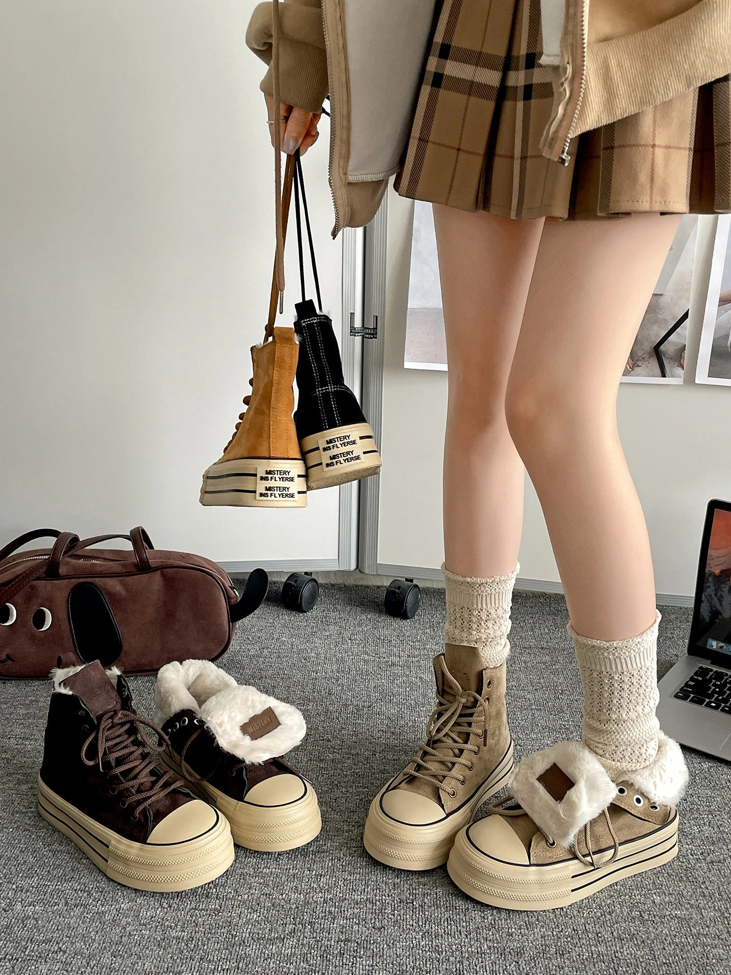 

Bla Versatile Retro Thi Bot High Top Canvas oes Women's Winter Warm Anti-slip Cotton oes Increased Height Fce-l...