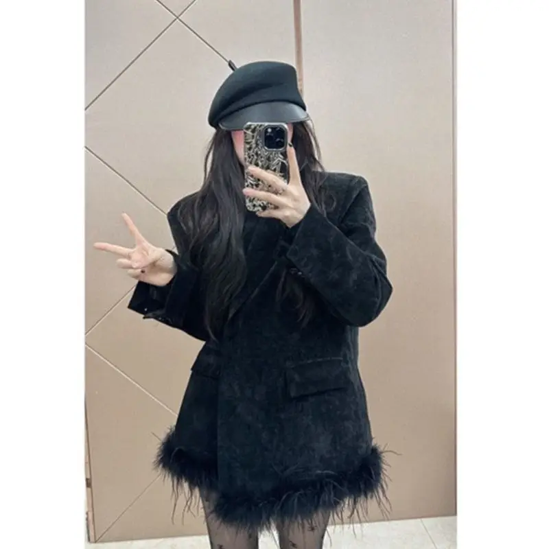 Zimowa, luksusowa, czarna, sztruksowa, ocieplana marynarka damska w stylu koreańskim, elegancki płaszcz z futrzanym wykończeniem, luźna kurtka garniturowa, odzież damska.