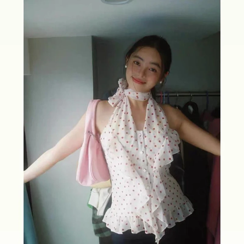 

MEXZT винтажные рубашки в горошек, женские сексуальные укороченные шифоновые блузки без рукавов с лямкой на шее, летние корейские топы с оборками и принтом, новинка