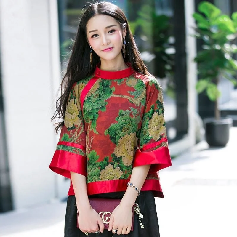 2023 vintage satin blouse chinese traditional flower print cheongsam tops woman national blouse oriental ethnic blouse tang suit