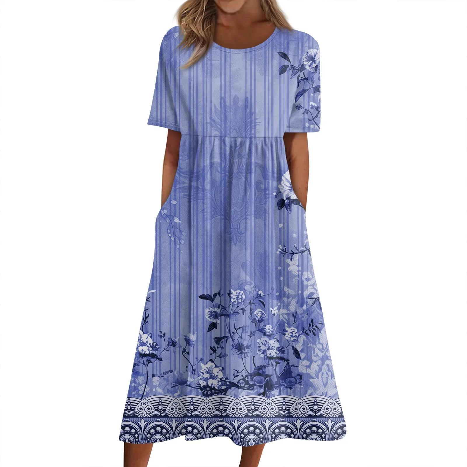 

Vintage Chic Women Dress Short Sleeve Floral Print Fashion Beach Bohemian Long Dress Ladies Round Neck Summer Dresses