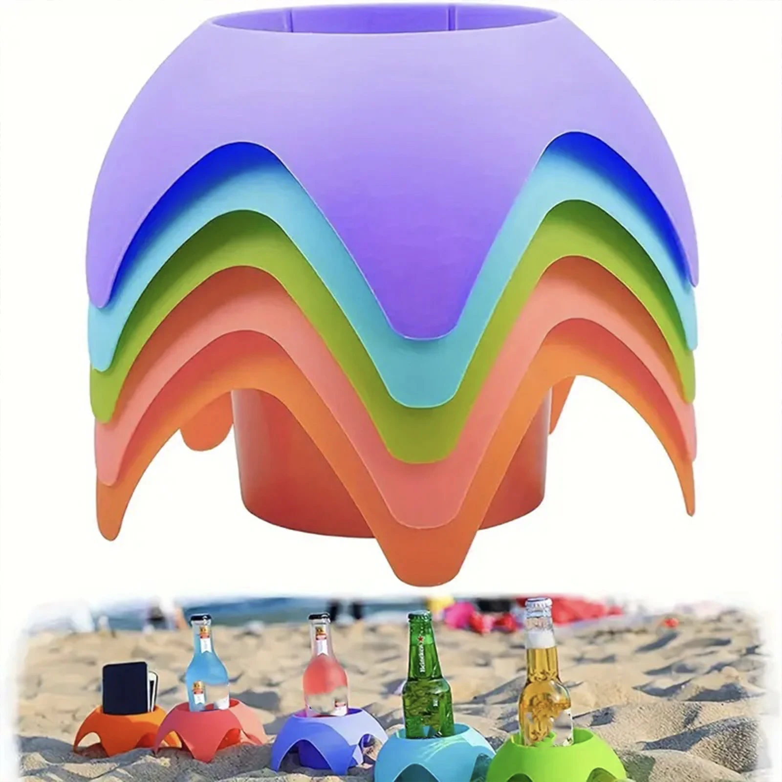 حاملات أكواب الشاطئ البلاستيكية ، حاملات المشروبات الرملية متعددة الألوان في الهواء الطلق ، إكسسوارات حامل البيرة المحمولة لحفلات الشاطئ والكاميرا ، 5 أو