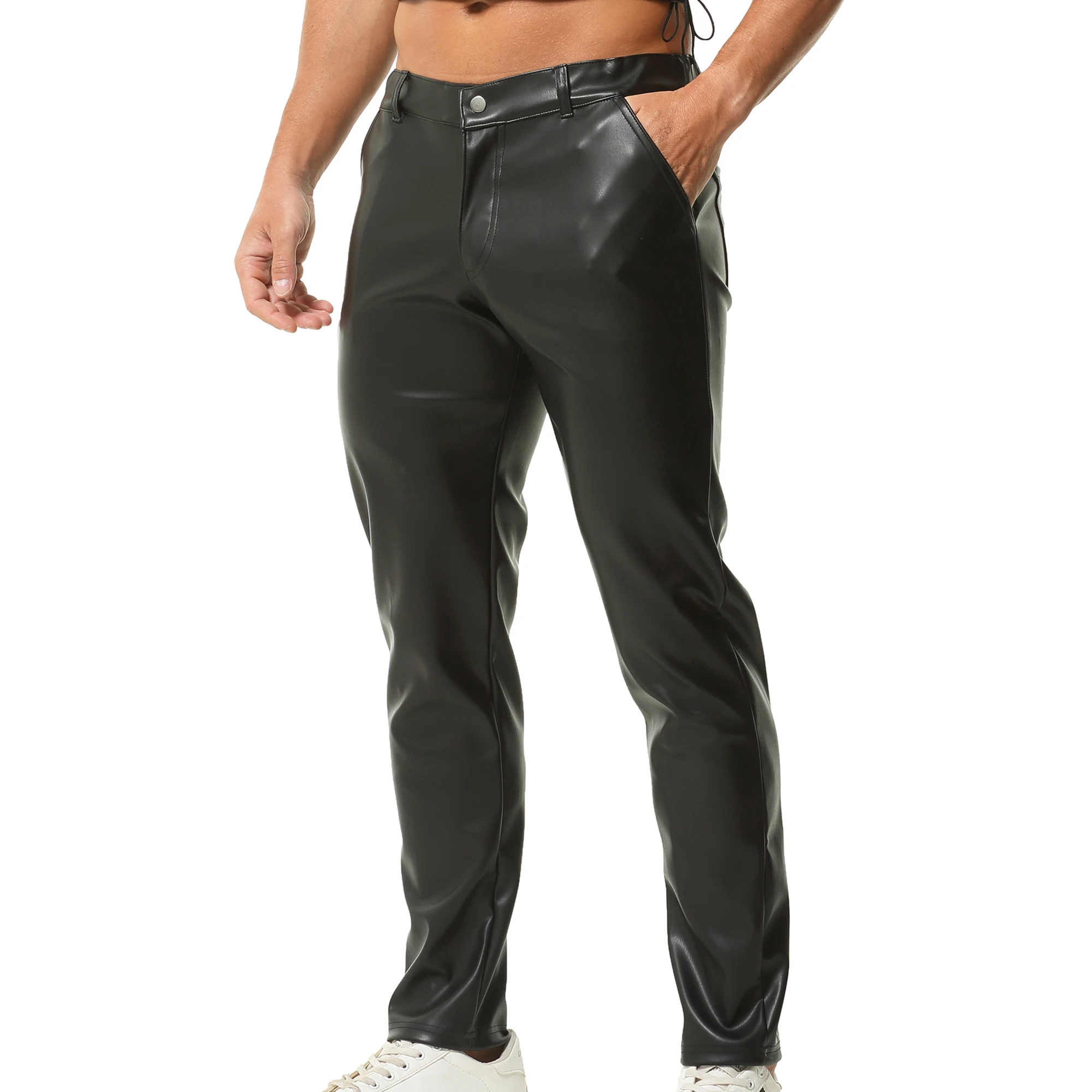 

Men PU Leather Slim Straight Leg Pants+button Tied Short Sleeve T-shirt Sexy Exposed Navel Black Top Shirt Men's Casual Club Set
