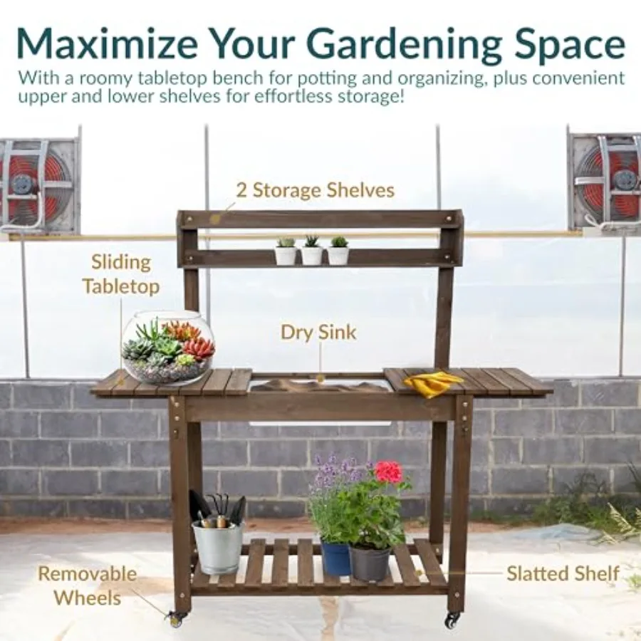 Sunnydaze Wheeled Garden Potting Bench with Sink - Outdoor Potting Table - Garden Table with Planting Station and Hooks - Brown