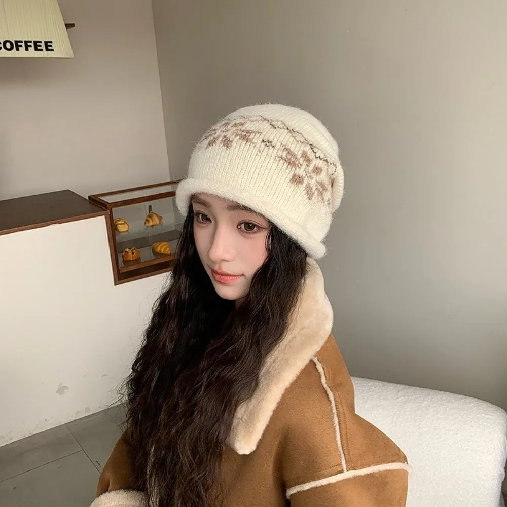 Polyester Slouchy Beanie Hat Warm Earflap Fair Isle Pattern Knitted Beanie Hat 56cm To 58cm Ear Protection Snowflake Pattern Hat
