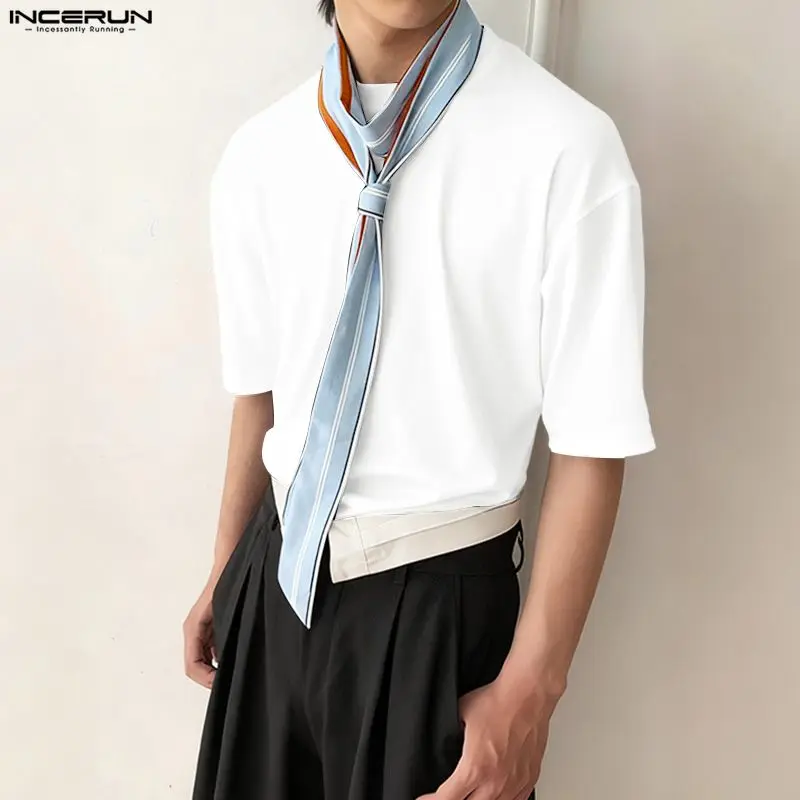 

INCERUN Men T Shirt Patchwork Tie Up O-neck Short Sleeve Male Tee Tops Summer Streetwear Loose Fashion Casual Camisetas S-5XL