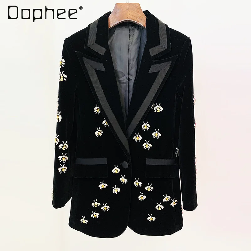 

Loose Diamond Velvet Blazers for Women 2023 Autumn and Winter New European Beaded Embroidery Bee Black Blzer Jacket Feminino