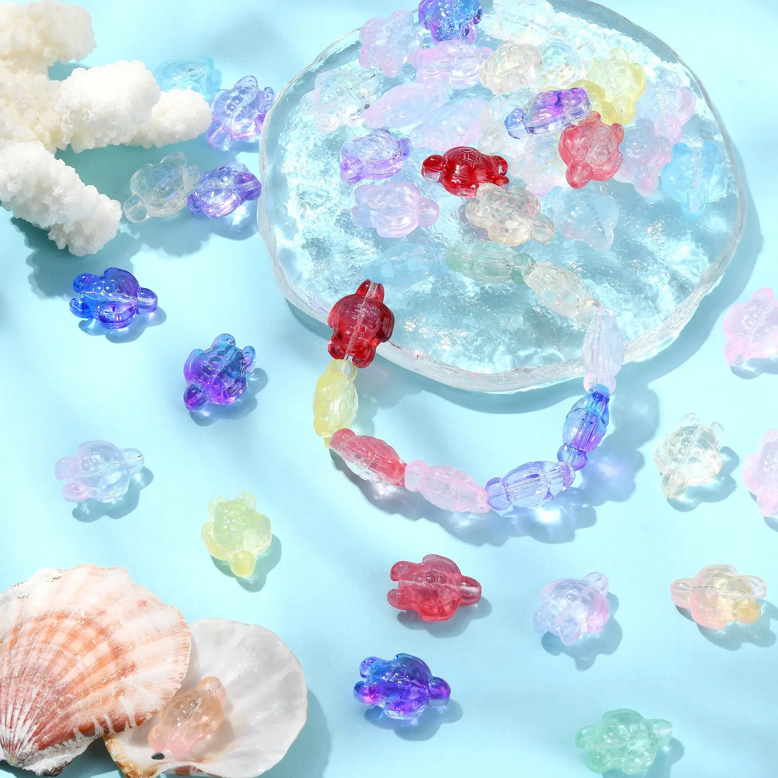 Pandahall 100Pcs Random Sea Turtle Beads Colorful Tortoise Beads Ocean Animal Transparent Glass Beads for DIY Jewelry Making