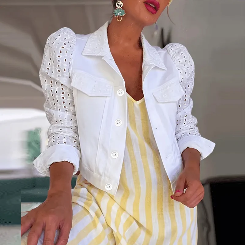 Fashion Flip Collar Solid Color Coat Early Autumn New Women's Hollow Out Commute Short Jacket Elegant Simple Slim Button Outwear