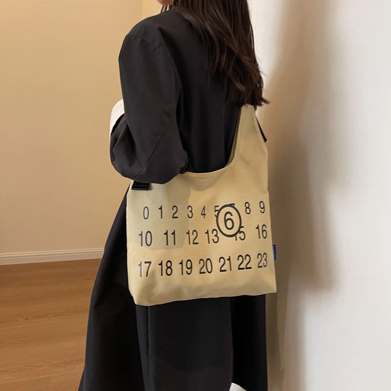 Women\'s Large Capacity Canvas Bag 2024 New Number Printed Tote Bag Ladies Casual Street One Shoulder Portable Shopping Handbag