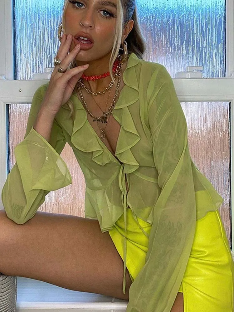 Vintage 90s Streetwear Ruffles Trim Green Chiffon T-shirts Y2K Fashion Sexy Deep V Lace Up Long Sleeve Tops Transparent