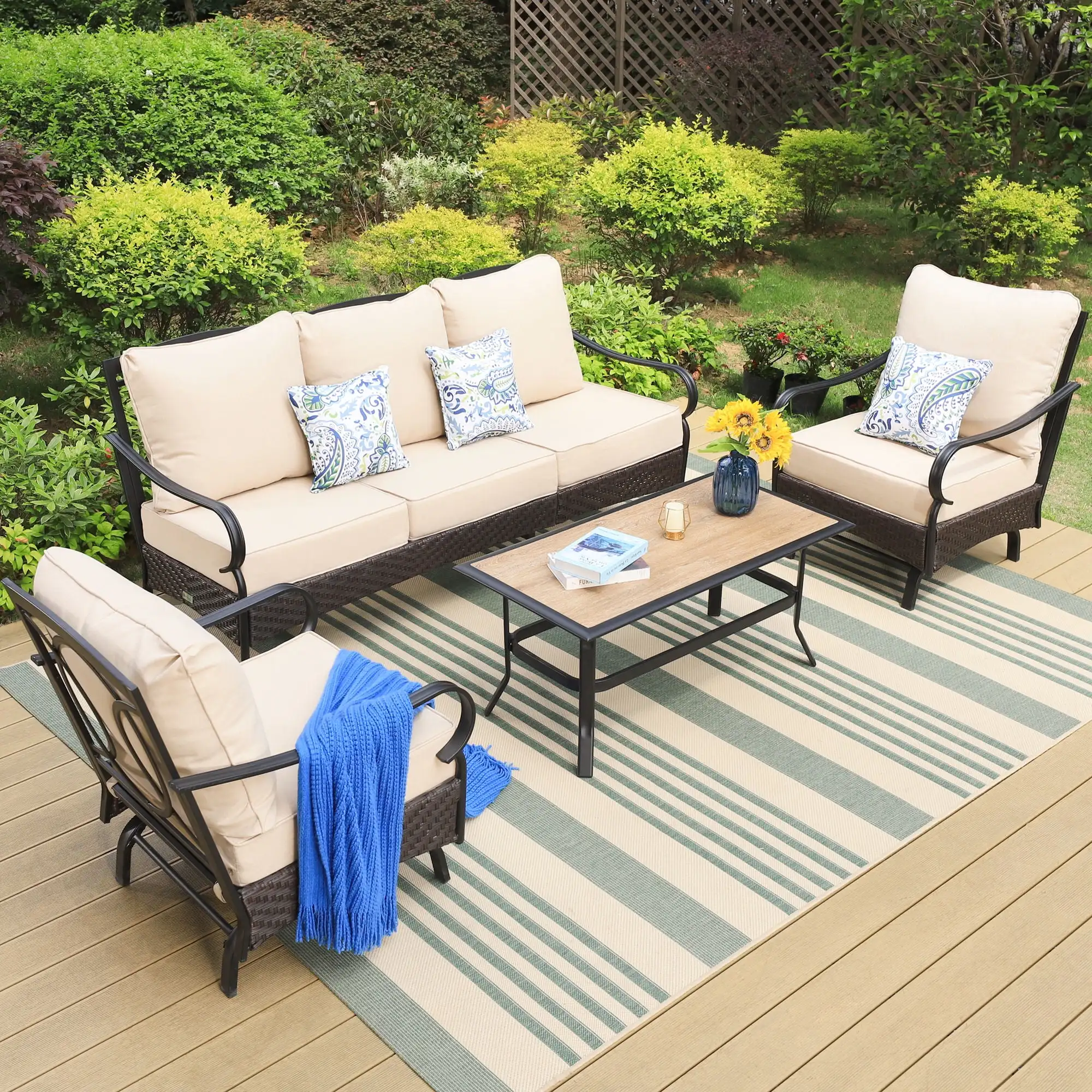 

5-Seat Patio Conversation Set with 3-Seat Sofa Rocking Chairs & Wood-Like Table Black & Beige Heavy steel frame full set of high