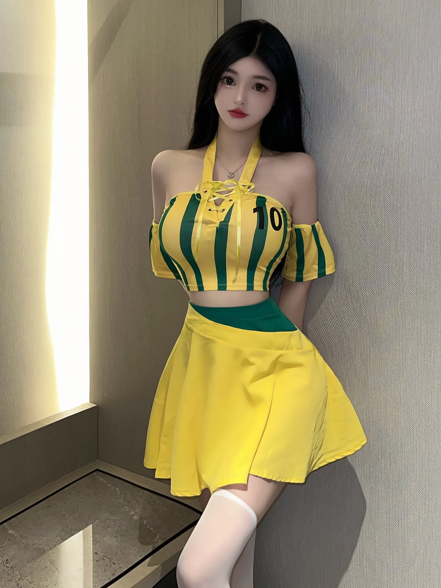 Halter Yellow Letter Mini Dress Sexy Football Baby Uniform Top Short Fashion Women Top elegante Cute Girl S256