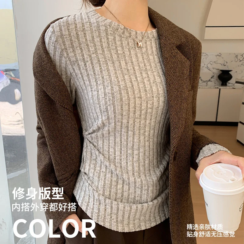 Women T-shirt O-neck Strip Knitted Sweater Long-sleeved Tops Autumn Winter Warm Bottoming Shirts High Strecth Slim T-shirts