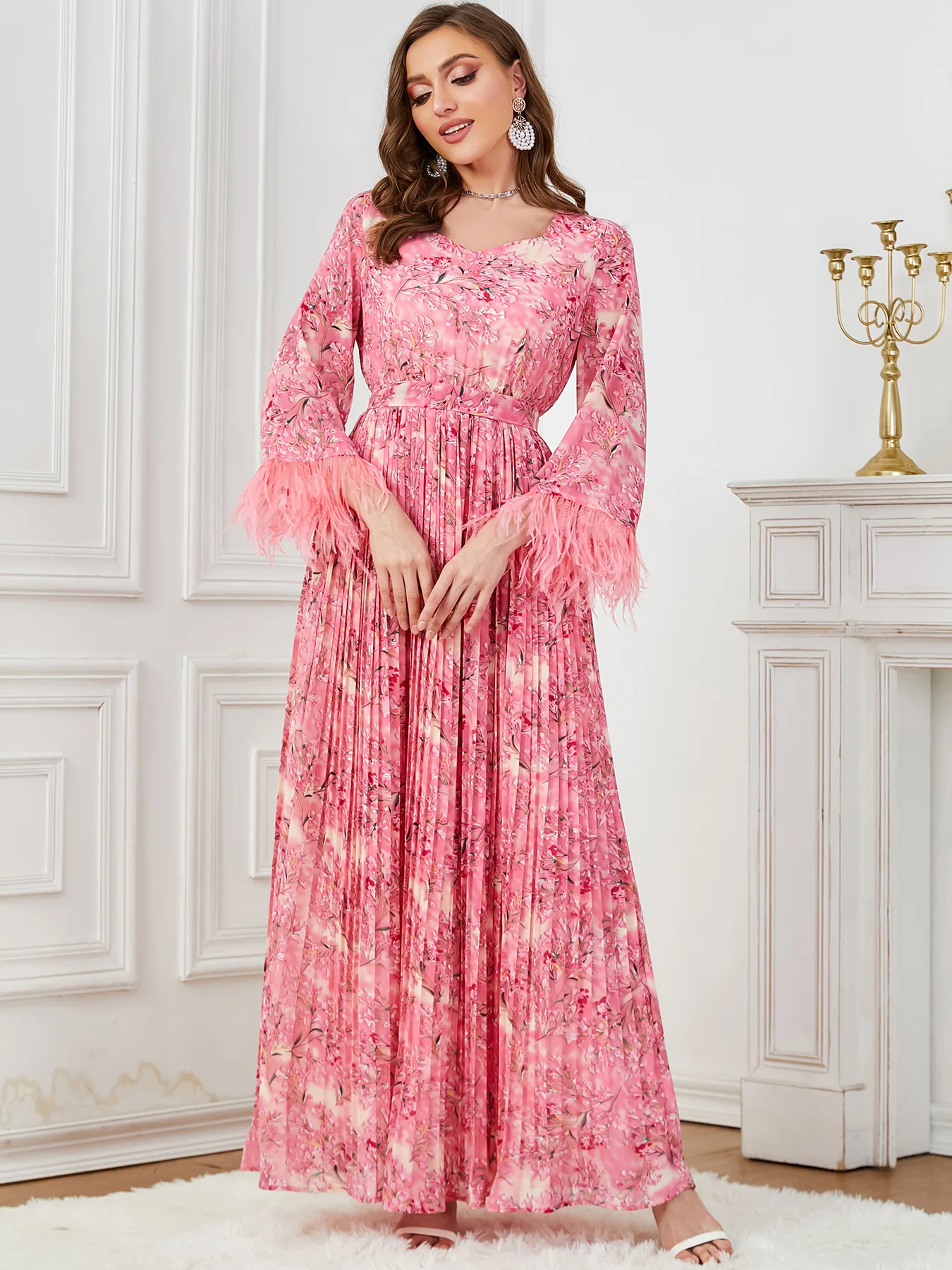 Eid abito marocchino musulmano per le donne Abaya Jalabiya Feather Floral Print Party Dress Dubai Abaya Kaftan Islam Vestidos abito arabo