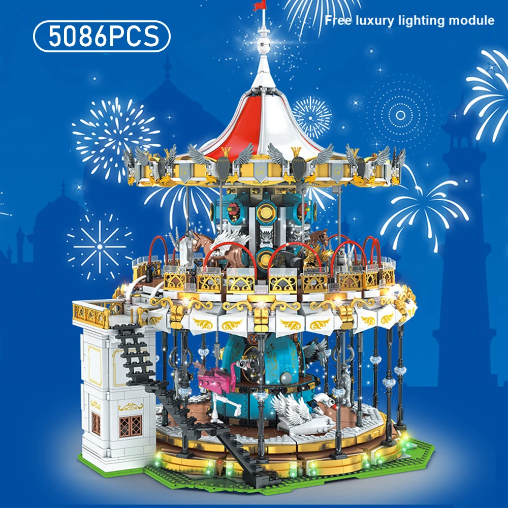 Electric Rotating Carousel Building Blocks Assembly Model Small Bricks Educational Puzzle Toy for Kids Amusement Display Gift