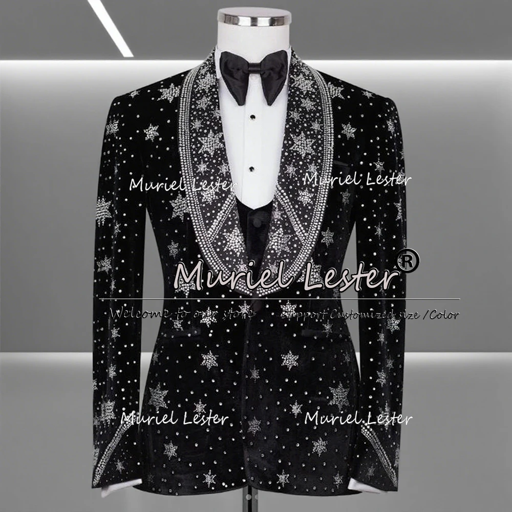 

Exclusive Design Sliver Beaded Suits Men For Wedding Shalw Label Velvet Prom Blazers Customized 3 Pieces Sets GroomTuxedos 2025