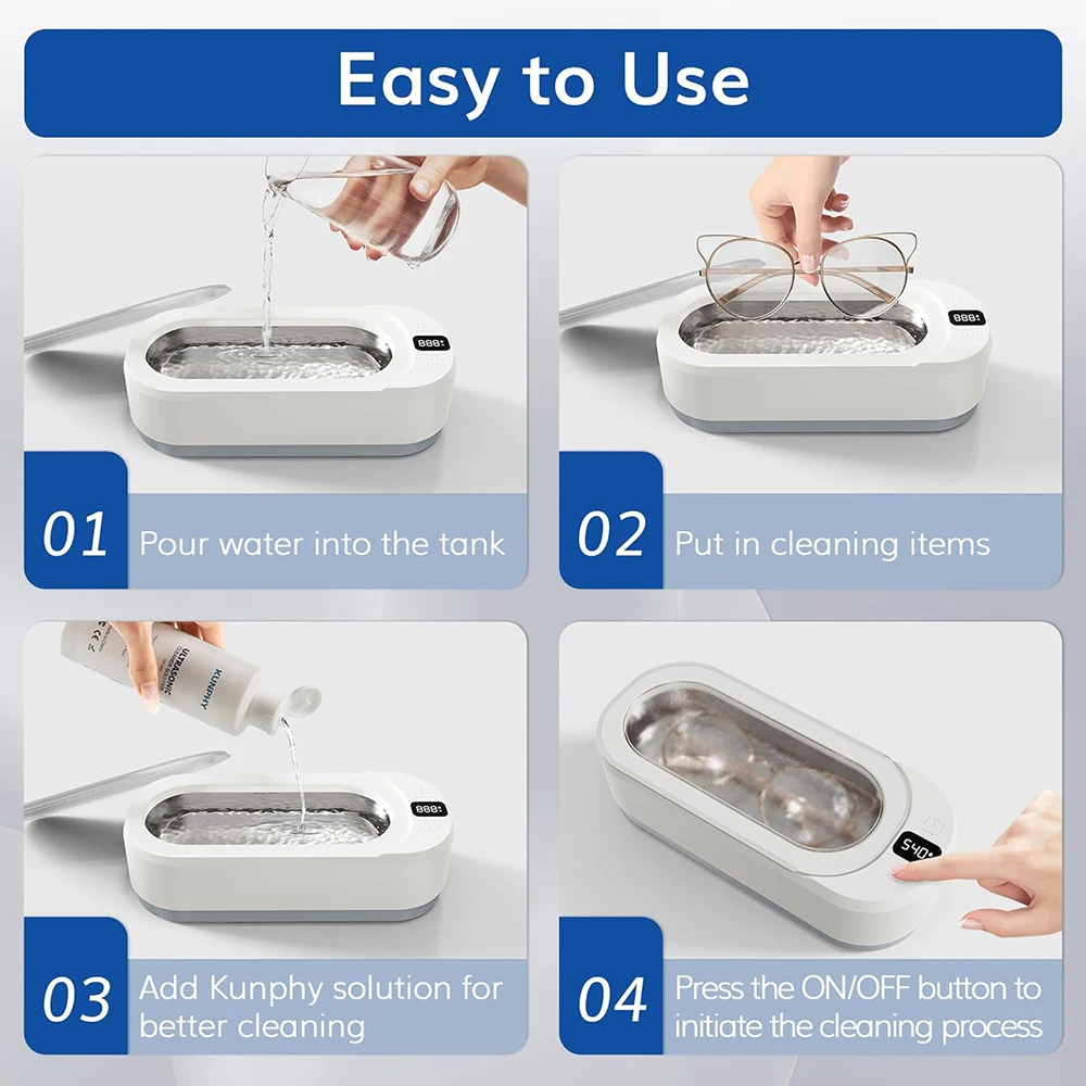 KUNPHY Sonic Jewelry Cleaner 350ML 48KHz Jewelry Cleaning Machine with 3 Cleaning Modes Digital Timer for Glasses Earring Ring