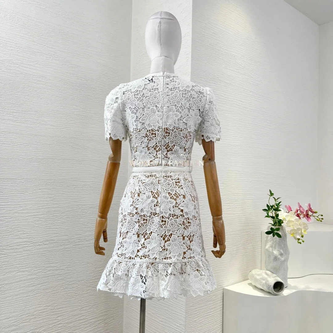 

White Floral Print Patchwork Mini Dress Long Sleeve High Quality Women Summer
