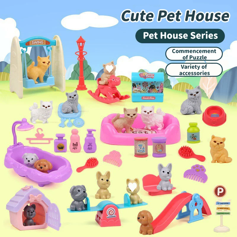 Cute Dog Pet Basket Family Toy Children Play House Games Toy Cute Mini Animal Scene Playing Toys Cat And Dog Doll Set Toys Gifts