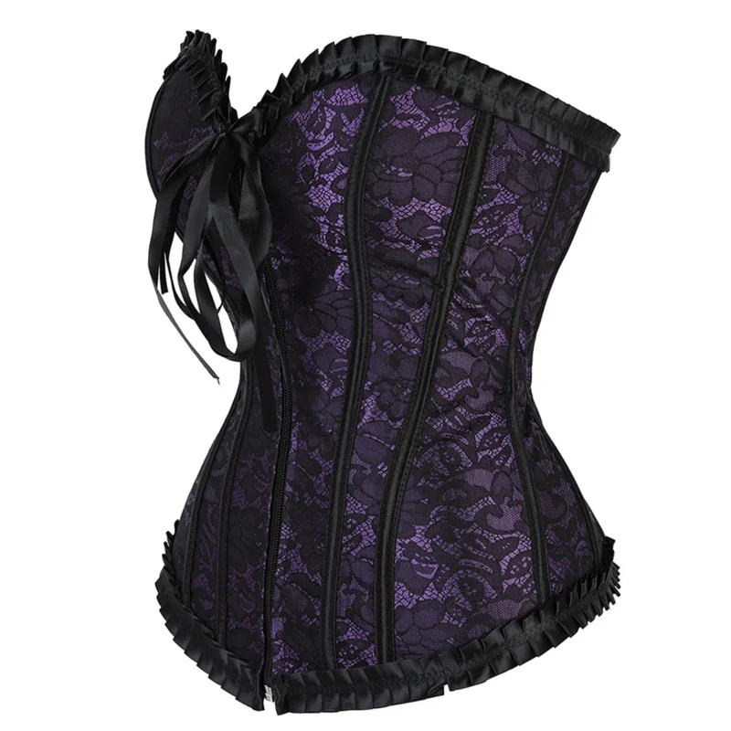 Gothic Corset Carnival Party Bustiers Sexy Burlesque Floral Pleated Trim Bustier Zip Boned Vintage Corsage Plus Size Korsett MS5