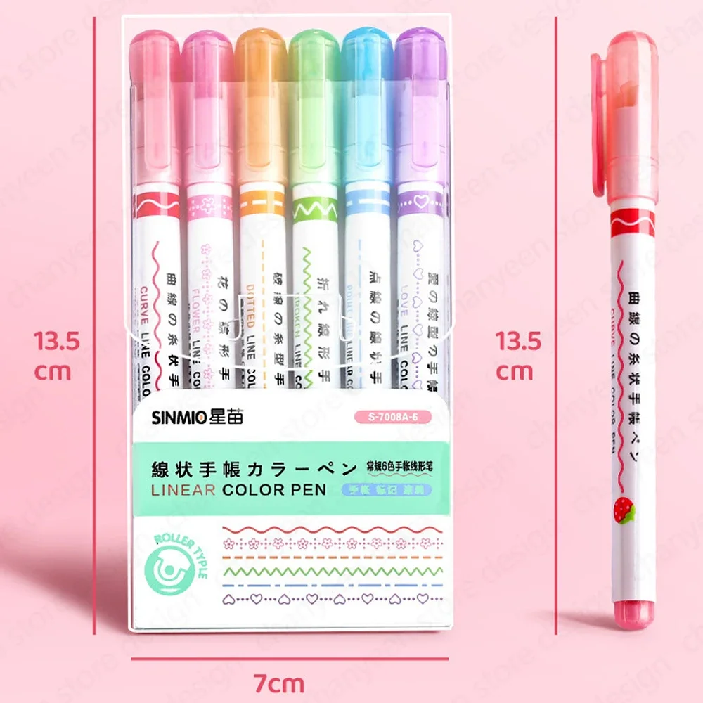 6Pcs/Set Kawaii Flower Line Shape Highlighter Pen Roller Tip Curve Liner Marker Stationery Back To School Office Supplies Gifts