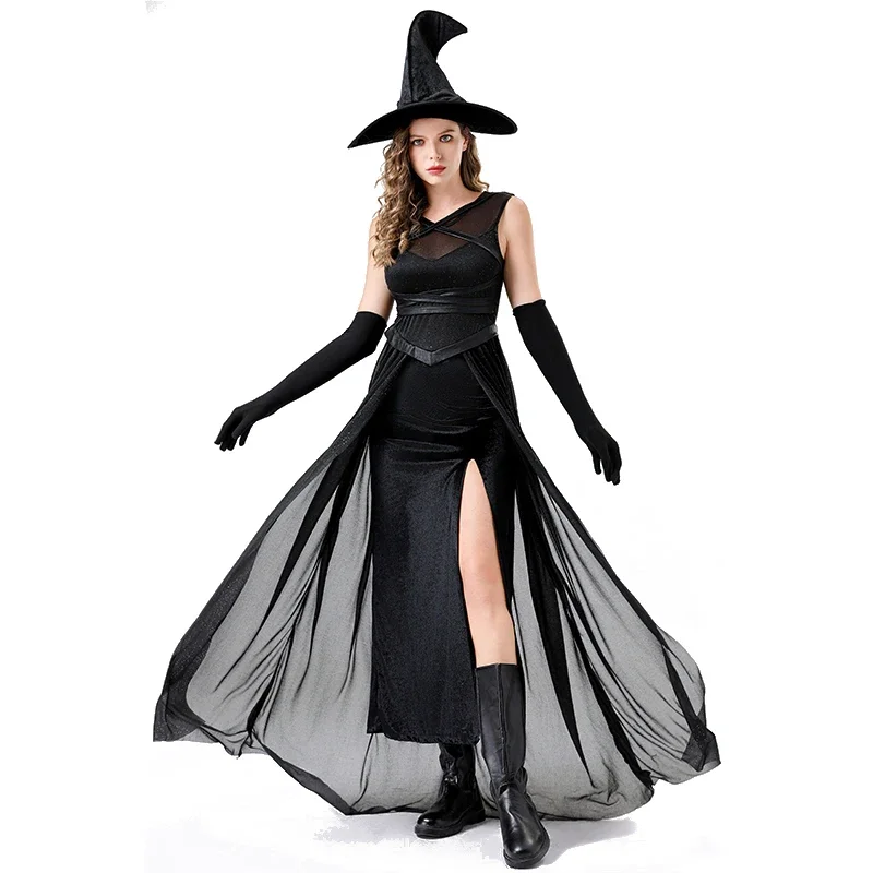 

Halloween Black Evil Witch Cosplay Costumes Women Sexy Black Veil Ghost Bride Wizard Outfit Carnival Party High Slit Dress