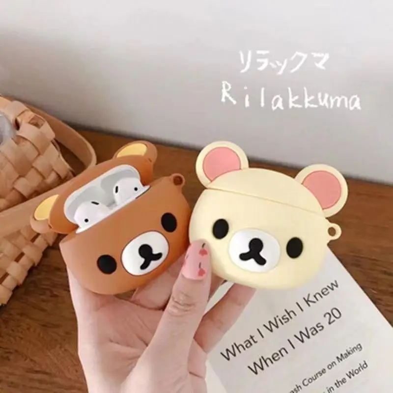 Karikatür sevimli üç boyutlu Rilakkuma silikon Airpods 1 2 3 iPhone Airpods pro 2 Bluetooth kulaklık koruyucu kapak yumuşak