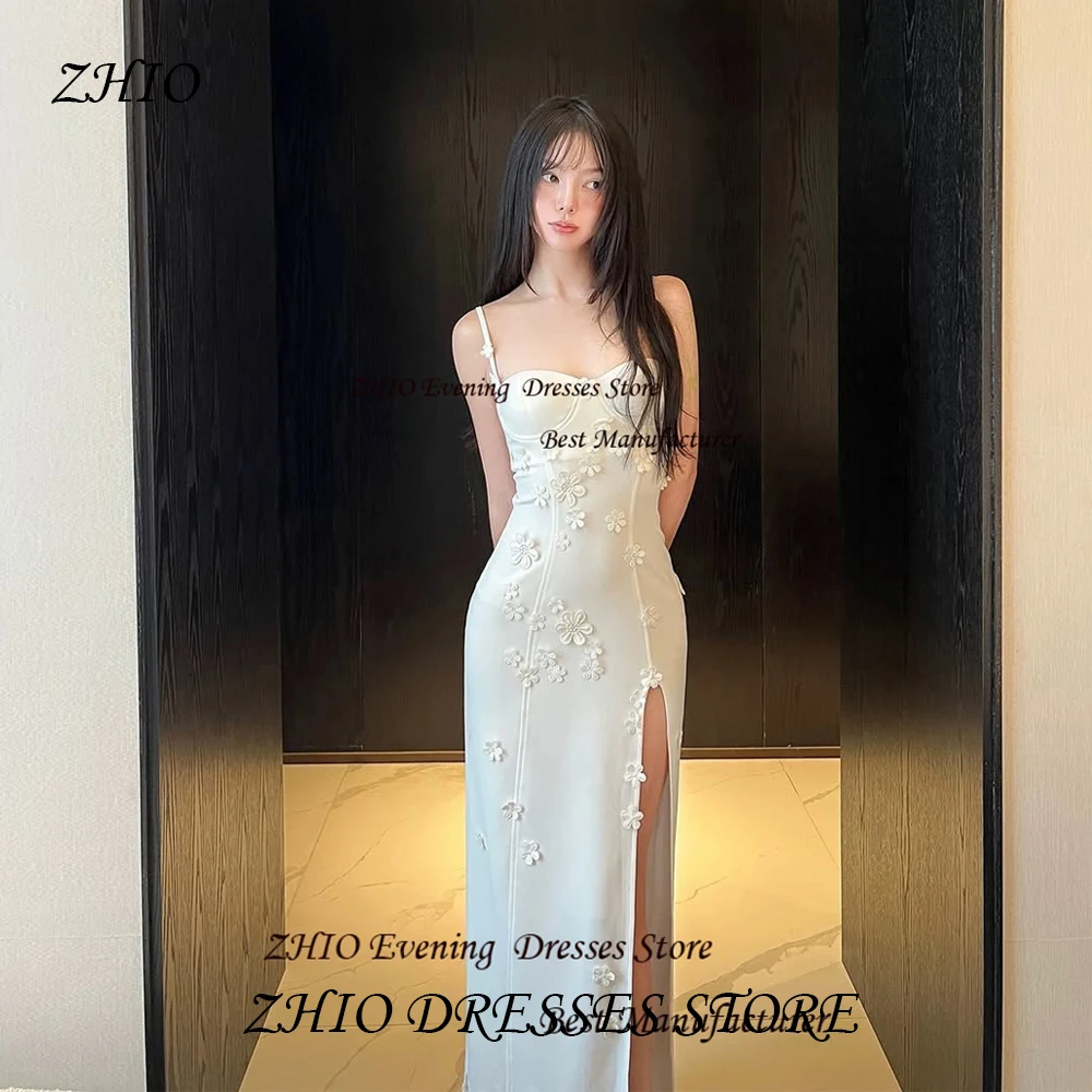 ZHIO الإمبراطورية الصينية الساتان زهرة يزين فستان الزفاف الكورية الحبيب طول الأرض بلا أكمام السباغيتي الأشرطة فستان حفلات #1