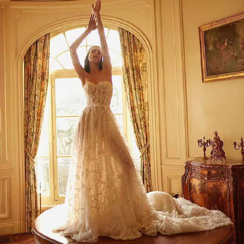 

Elegant Lace Beaded Sequined A-line Wedding Dresses Sleeveless Bridal Gowns Beach Bride Dress 2025 vestido de novia