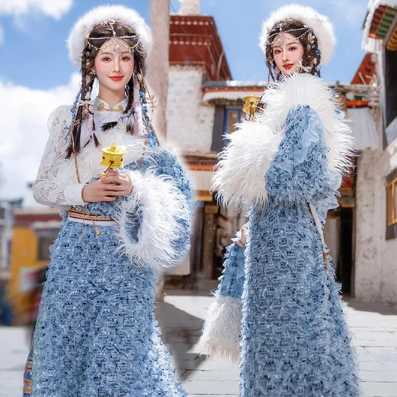 

Новый женский тибетский костюм для фотосессий, этнический стиль, синий, 75% полиэстер, 25% прочие волокна, лето 2024