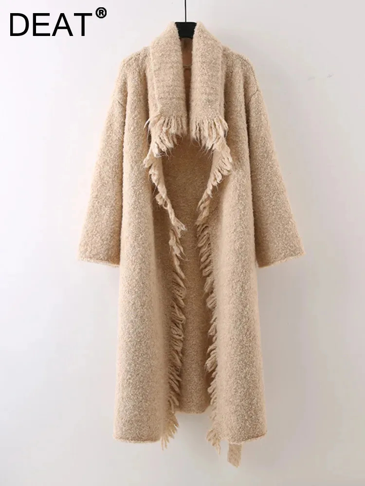 DEAT 2024 Autumn Wome's Knitted Coat Turn-down Collar Tassel Edge Long Sleeve Solid Loose Female Cardigan New Fashion 15C607