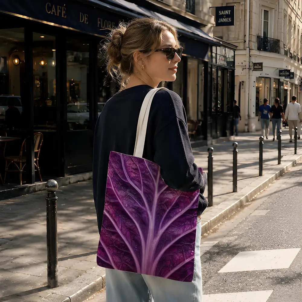 Botanical Fresh V-Vegetable Leaves Print Storage Bags Reusable Canvas Tote Suitable for School Class Commuting Shopping as Gifts