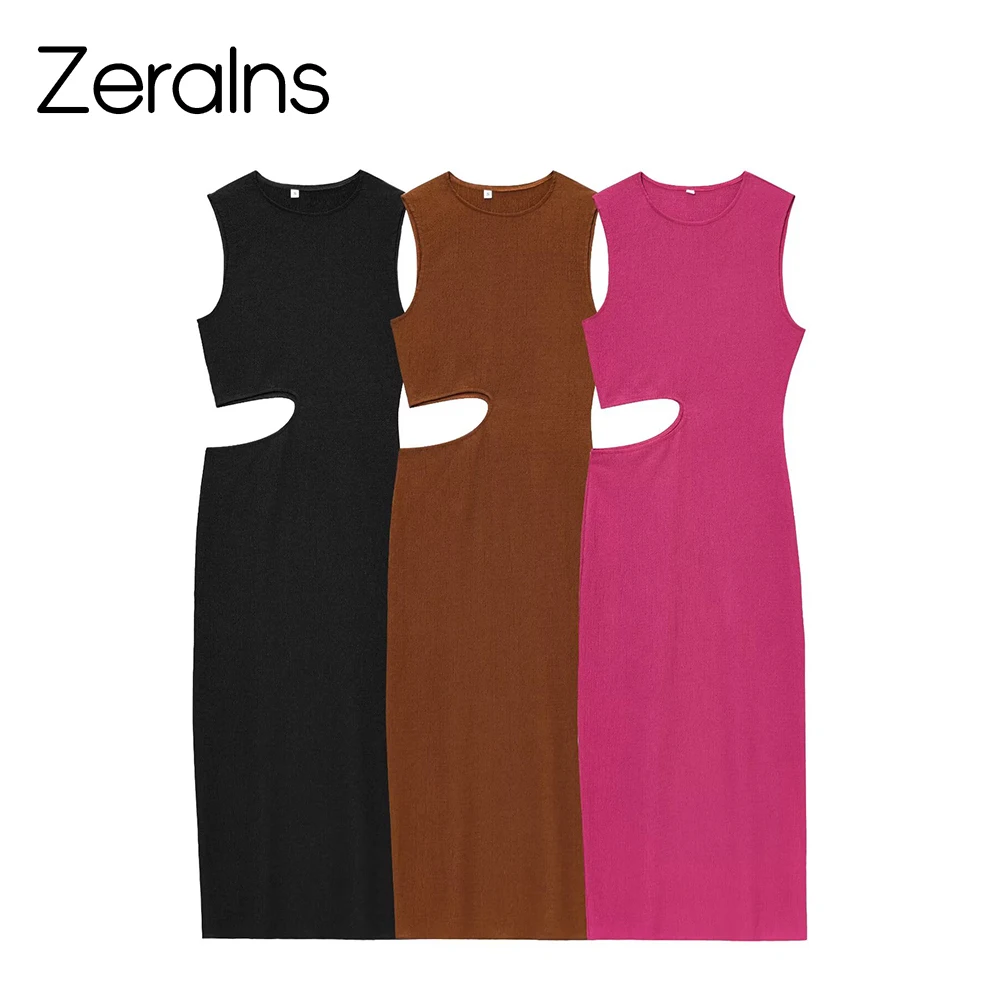 ZERAINS Damen Herbst und Winter neues modisches und sexy langes Kleid mit offenem Design und Textur, Rundhalsausschnitt und schmaler Passform