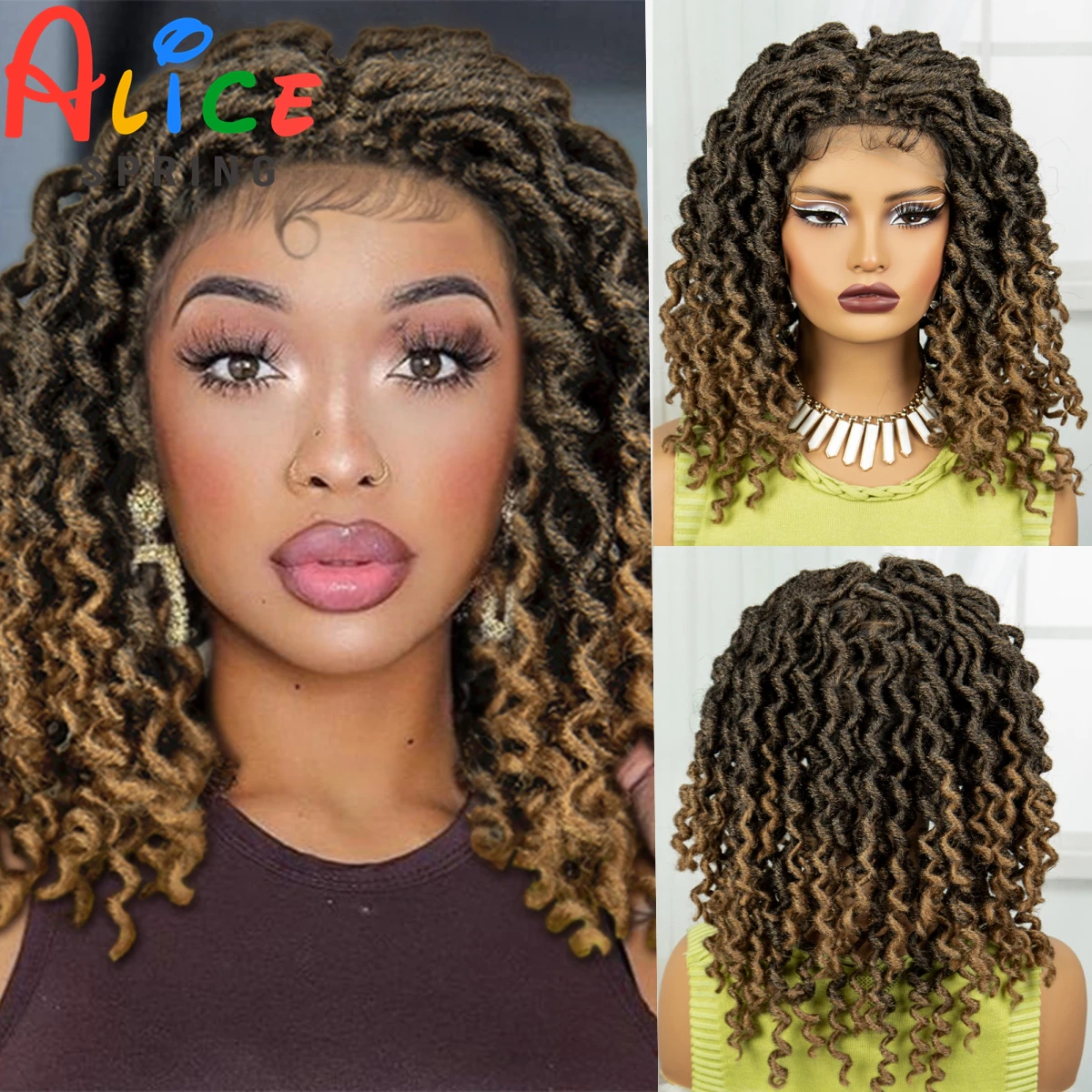 

18 Inch Full Lace Dreadlocks Braided Wigs Ombre Transparent Lace Frontal Faux Locs Crochet Braids Wigs with Baby Hair for Women