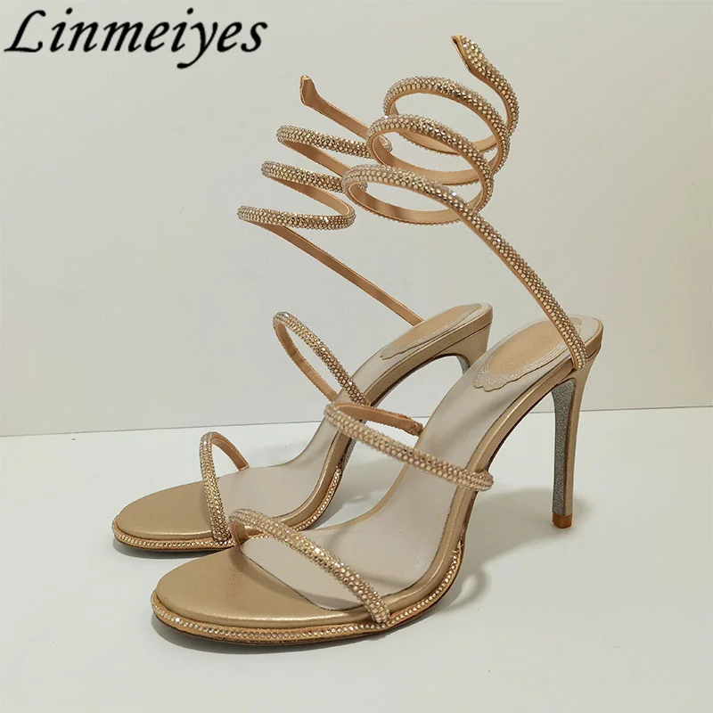 الصيف صنادل كعب عالٍ امرأة حجر الراين خيوط حول الكاحل الأفعى أحذية الزفاف كريستال الكعب صنادل طراز جلاديتور النساء