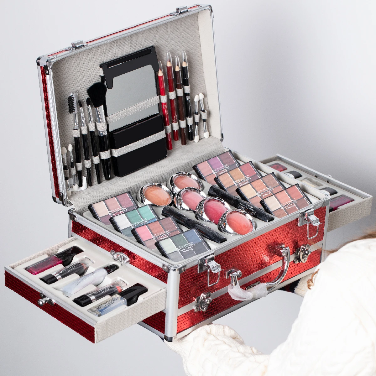 Multi-Use Ladies Cosmetics Case Set Professional Portable Makeup Palette Kit With Tool Silver Eyeshadow Blush Gift Box Full Set