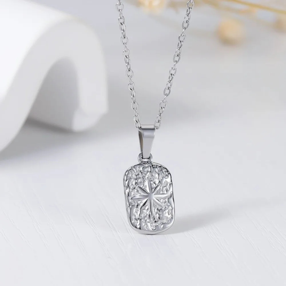 Hammered Finish Stainless Steel Pendant Necklace Silver Color With Chain Eight Point Star Pendant Non Fading