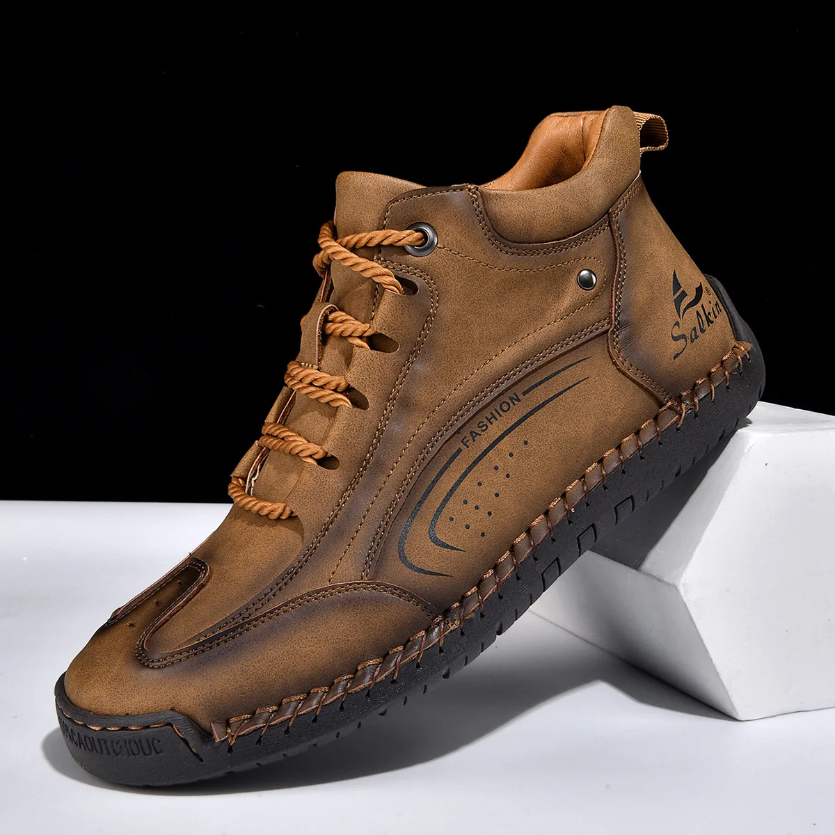 

Large Hand Sewn Men's Fashionable Leather Boots, Outdoor Comfortable Leather Casual Shoes, Street Trendy Loafers