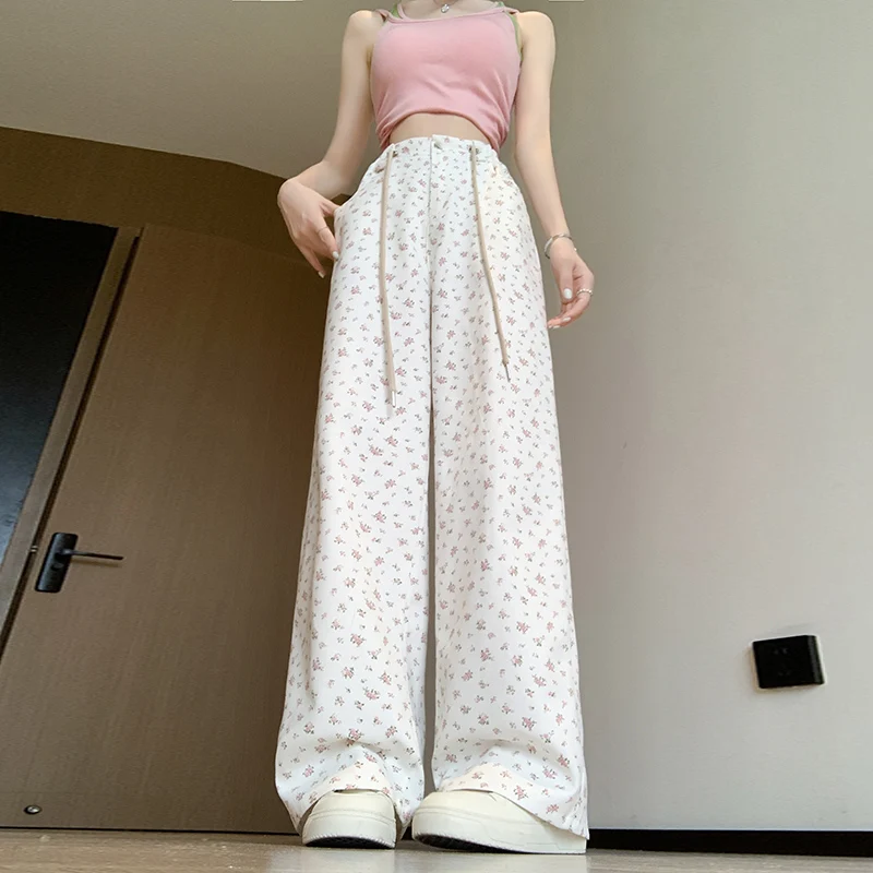 2024 New Arrival Spring Summer Casual Loose Full Length Women's Pants All-matched Elastic Waist Floral Print  Wide Leg Pants V29