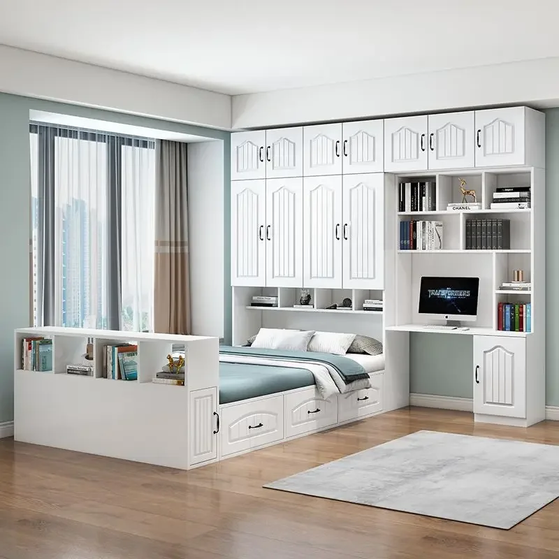 Tatami wardrobe bed integrated with desk bookcase combination children's room small apartment multi-functional storage bed