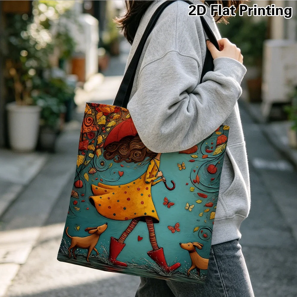 1pc Elegant Autumn with Umbrella Floral Print Tote Bag, ,Shoulder Handbag for Grocery Shopping, Travel, Beach And Daily Commute