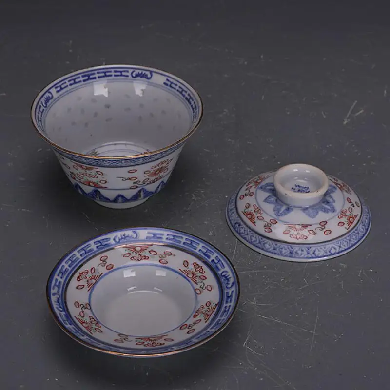 Chinese Blue and White Porcelain Red Flowers Teacup Cup with Saucer Lid 4.1 inch