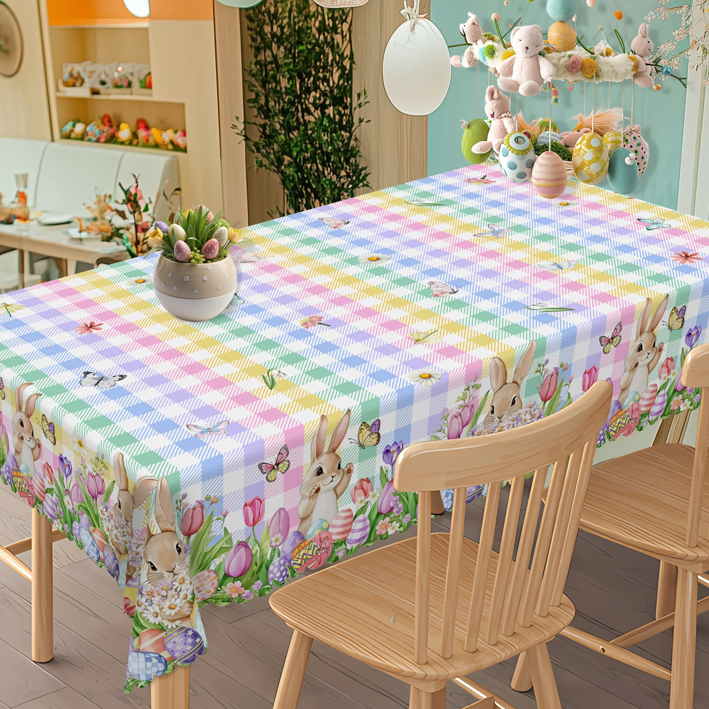 Easter Bunny Egg Floral Buffalo Plaid Tablecloth Party Decor Spring Watercolor Tulip Daisy Flowers Table Cloth Easter Decoration