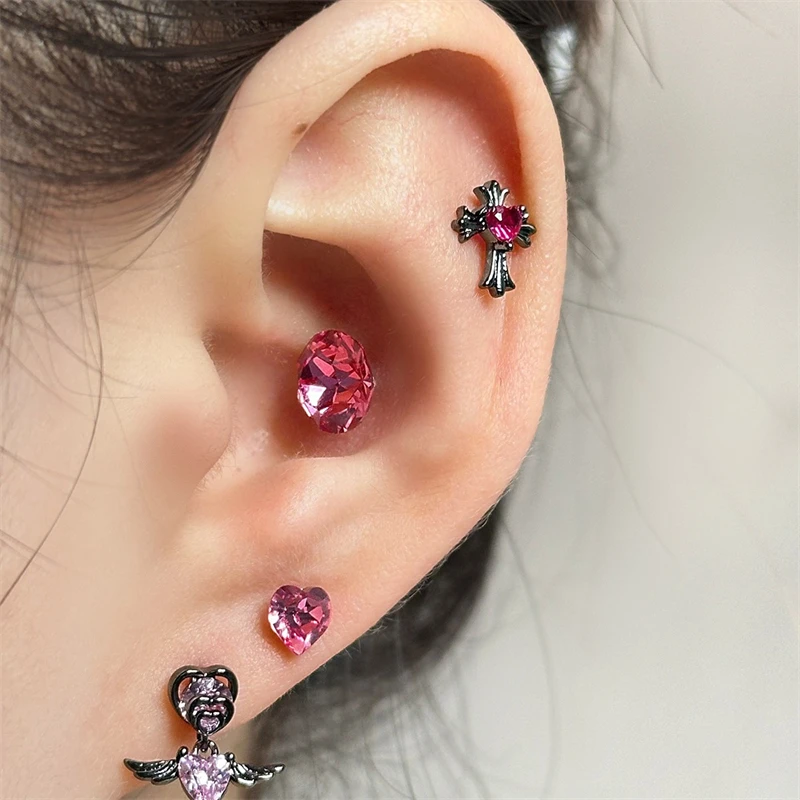 1 PCS Black Cross Rose Red Zircon Crystal Ear Bone Nail 316L Medical Titanium Steel Earrings for Women Y2K Punk Superior Jewelry