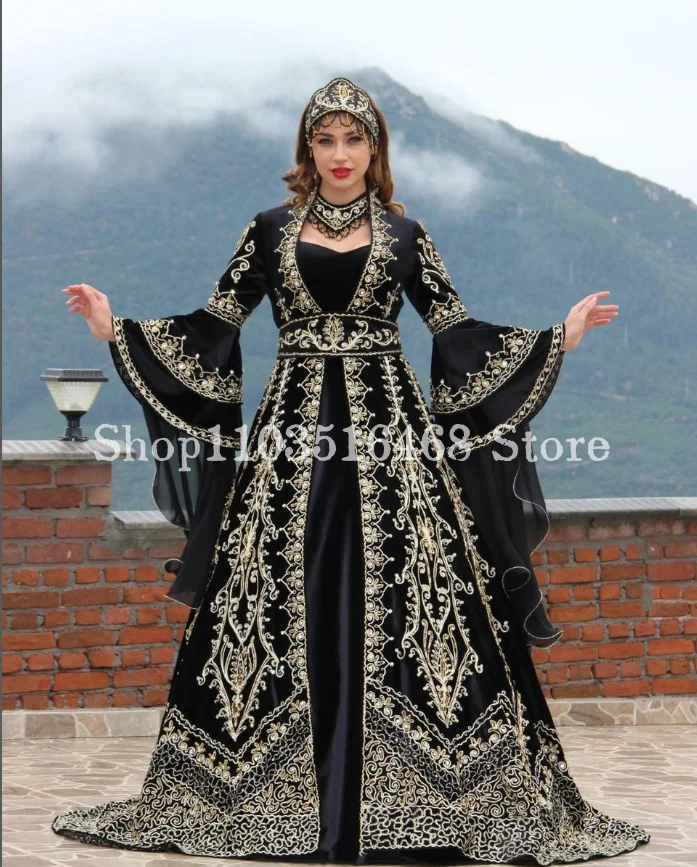 Black Middle Eastern Evening Dress with Placket Long Sleeve Luxurious Embroidered Arabian Bridal Dresses vestidos de noche