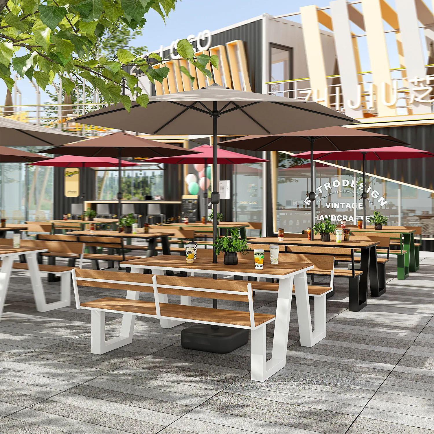 Outdoor table and chair combination park chair wrought iron garden courtyard seat scenic spot bench integrated plastic wood dini