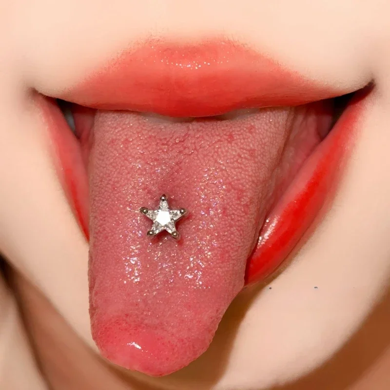 Sparkly Star Cubic Zirconia Tongue Barbell Titanium Star Shape Tongue Piercing Jewelry Fashion Body Piercing Rings Adults